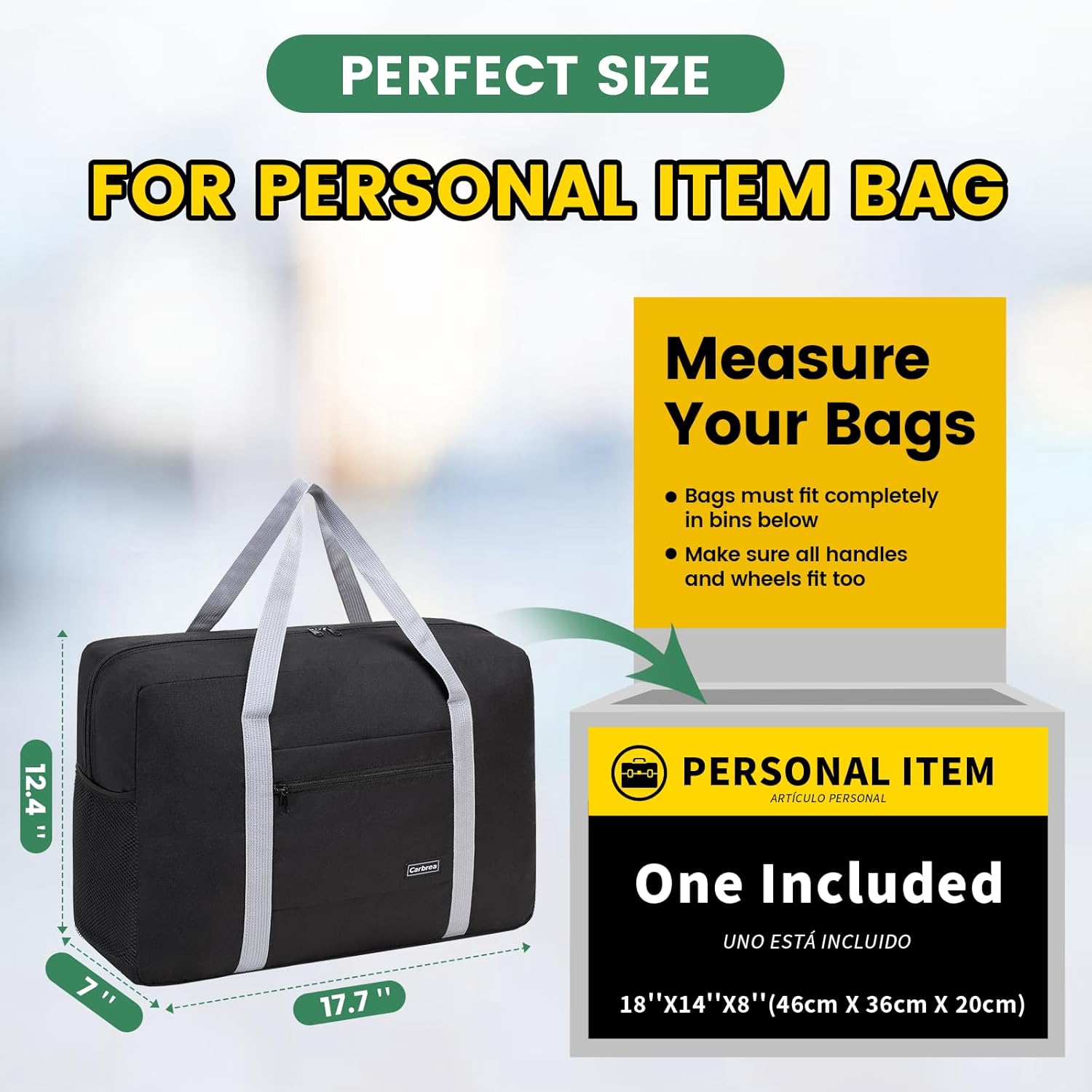 Personal Item Bag for Airlines - Foldable Travel Bag 18x14x8 Small Duffle Bag for Spirit Frontier Weekender Overnight - Black - Image 2